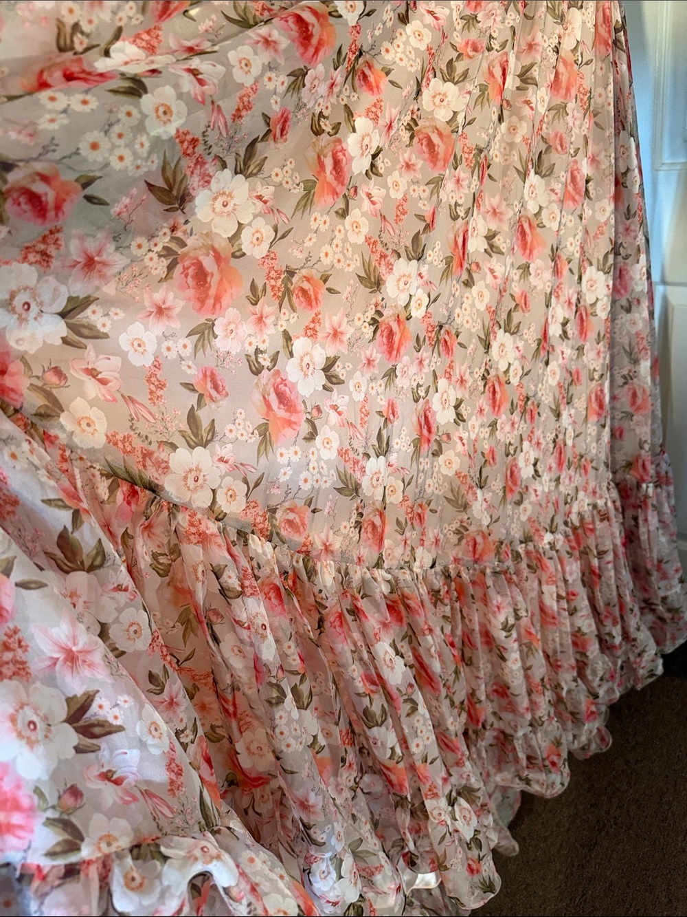 MAC DUGGAL Pink Ruffle Tiered Cut-Out Chiffon Floral Gown - Picture 3 of 16